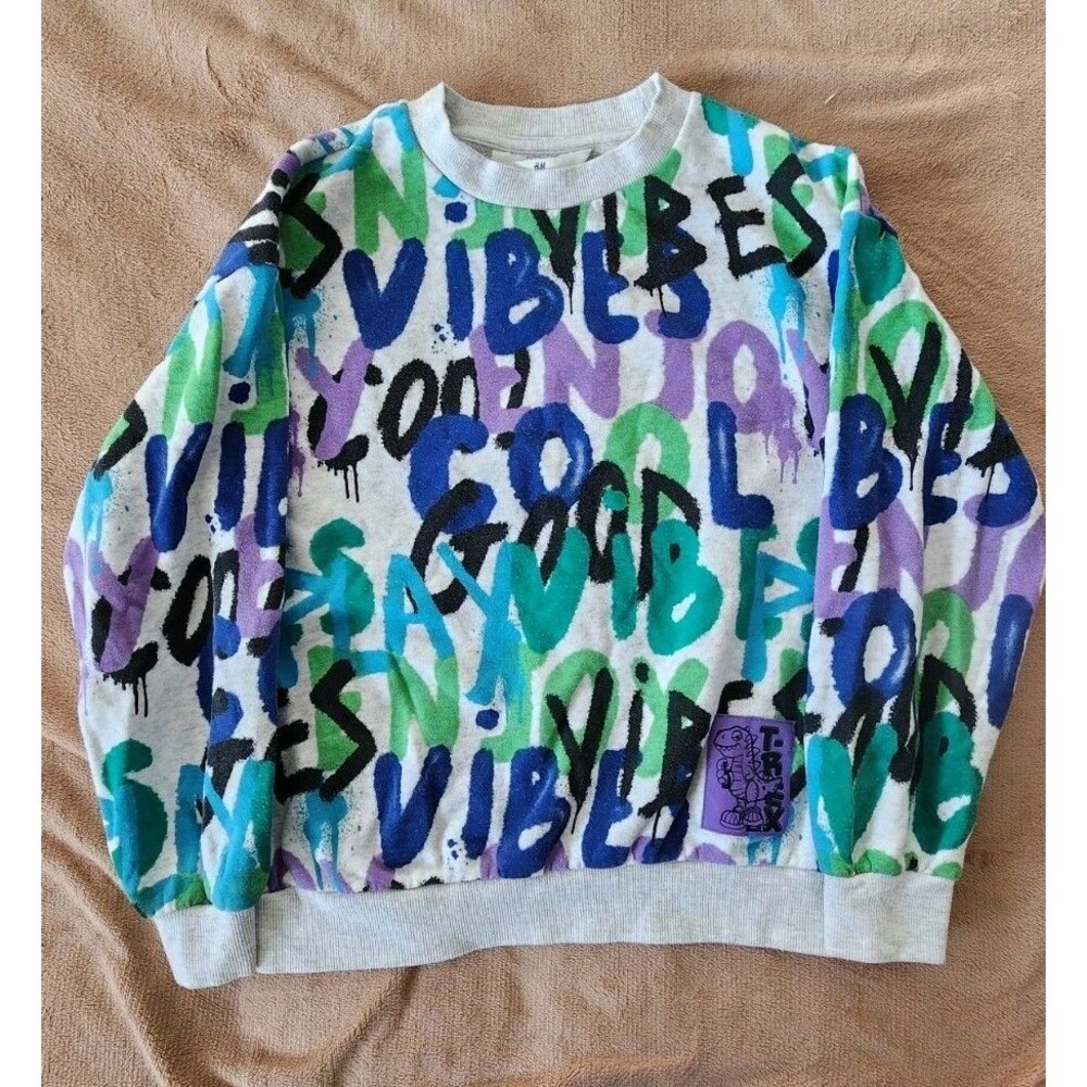 H&M Boys 8/10 Graffiti "Vibes" Sweatshirt - Gray with Blue/Purple/Green